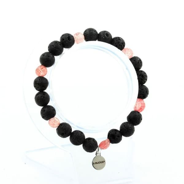 Armband - ABIJOUX - Jordgubbskvarts från Madagaskar - Lava pärlor 8 mm - Tillverkad i Frankrike - 19-20 cm