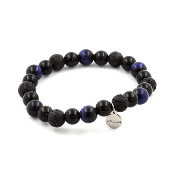 Armband - ABIJOUX - Blå Tigeröga - Lava - Svart Agat - 8 mm
