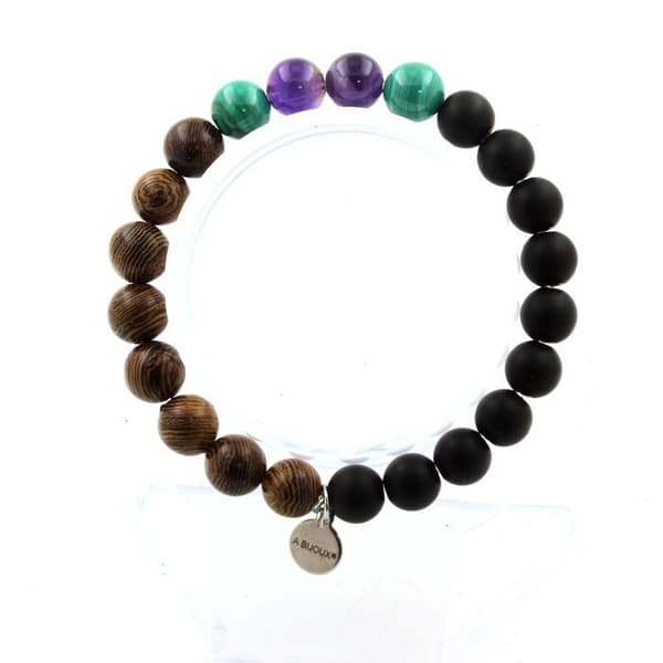 Armband - ABIJOUX - Malakit från Kongo - Ametist - Svart onyx - Naturligt trä 8mm