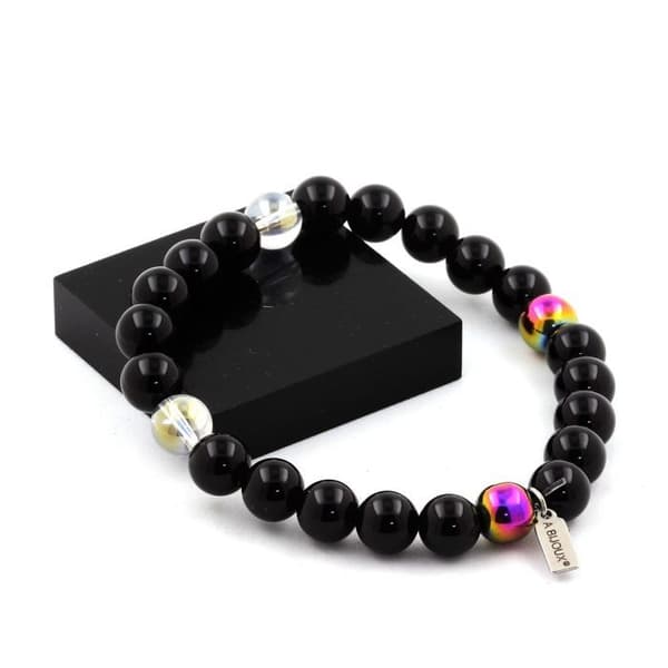Armband - ABIJOUX - Svart agat + Titan kvarts + Flerfärgad hematit - 19-20 cm - 8 mm pärlor