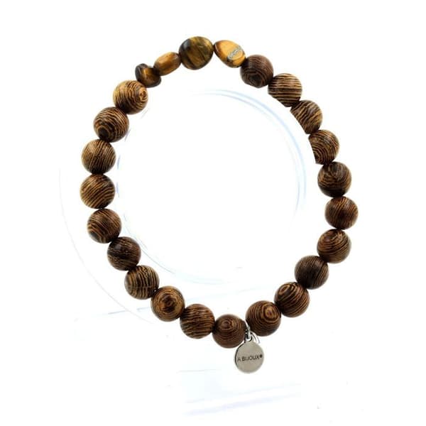Stenar och mineraler. Tigerögaarmband från Sydafrika + 8 mm träpärlor. Tillverkad i Frankrike.