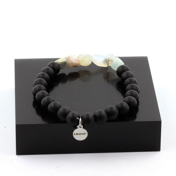 Armband - Ett Bijoux - Flerfärgad opal - Matt svart onyxpärlor 8 mm - Längd 19-20 cm - Både för kvinnor och män