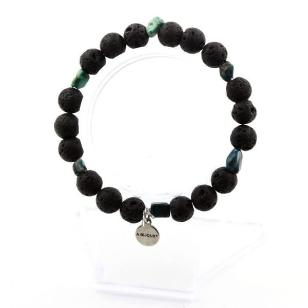 Armband i naturliga stenar - ABIJOUX - Chrysokoll från USA - Lavapärlor 8 mm - Längd 19-20 cm