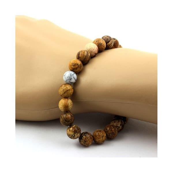 Stenar och mineraler. Landskap Jaspis + Howlite Beads Armband 8 mm. Tillverkad i Frankrike.