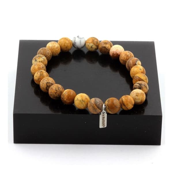 Stenar och mineraler. Landskap Jaspis + Howlite Beads Armband 8 mm. Tillverkad i Frankrike.