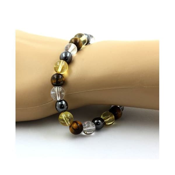 Stenar och mineraler. Armband Tiger Eye Beads + Citrin + Quartz + Hematite 8 mm. Tillverkad i Frankrike.