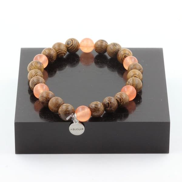 Armband - A Bijoux - Orange kalcedon + trä - 8 mm - Längd 19-20 cm - Tillverkad i Frankrike