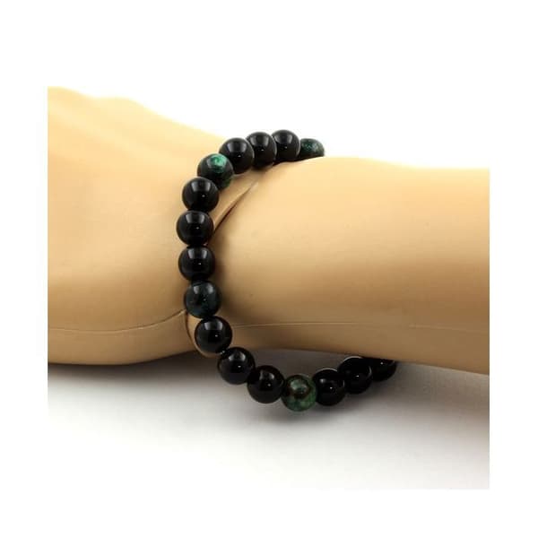 Stenar och mineraler. Black Agate + Zambian Emerald Beaded Armband 8 mm. Tillverkad i Frankrike.
