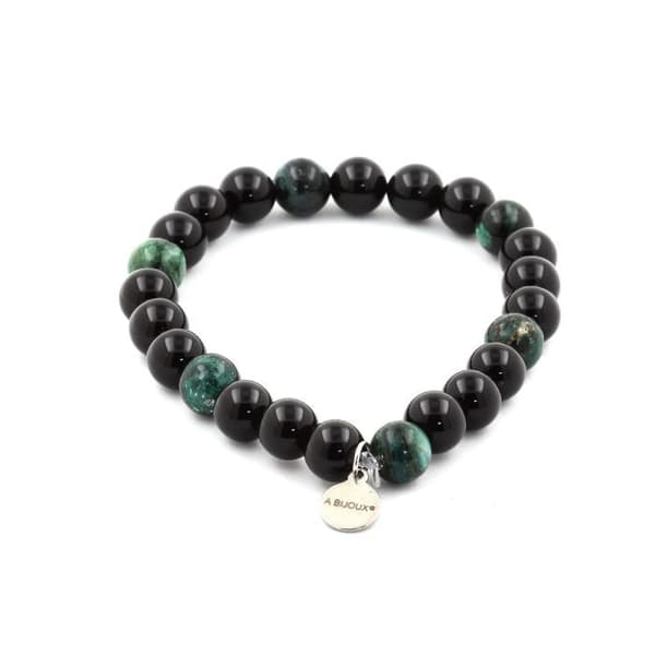 Stenar och mineraler. Black Agate + Zambian Emerald Beaded Armband 8 mm. Tillverkad i Frankrike.