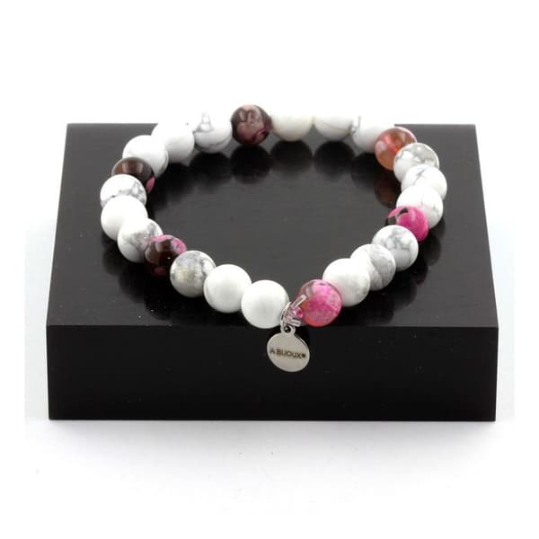Stenar och mineraler. Howlite Beads Armband + Brun Rosa Agat 8 mm. Tillverkad i Frankrike.