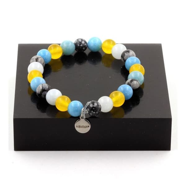 Armband - ABIJOUX - Snöflinga Obsidian + Gul Agat - 8 mm - Svart, Gul, Blå