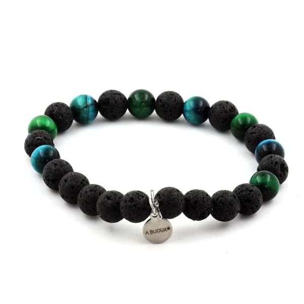 Armband - ABIJOUX - Grön och ljusblå tigeröga - Lava 8 mm - Längd 19-20 cm - Tillverkad i Frankrike