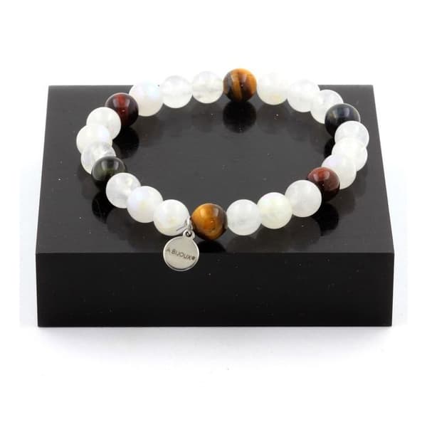 Armband i äkta stenar - ABIJOUX - Flerfärgad Tigeröga - Månsten - Längd 19-20 cm