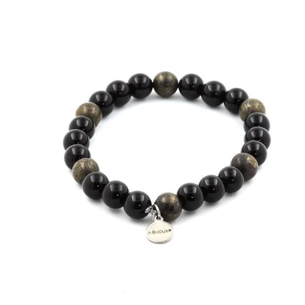 Armband - ABIJOUX - Svart agat + Pyrit - 8 mm - Längd 19-20 cm - Tillverkad i Frankrike