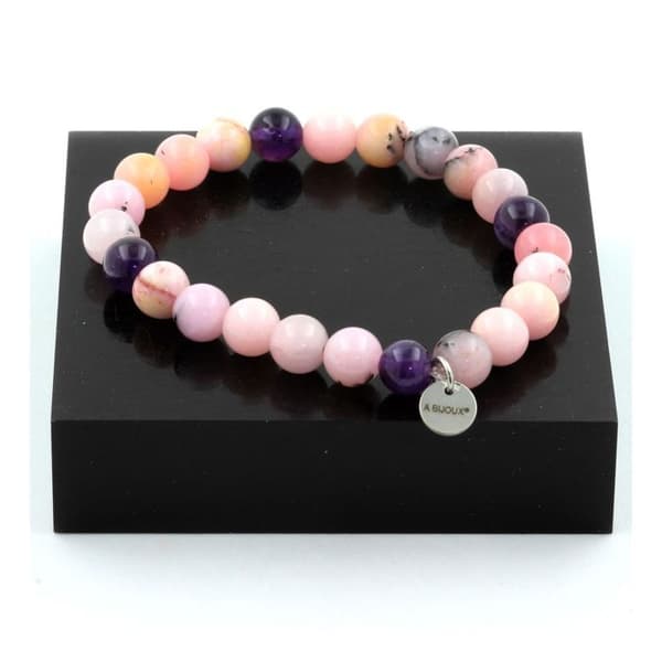 Armband - ABIJOUX - Rosafärgad opal + Amethyst - 8 mm - Längd 19-20 cm - Handgjord i Frankrike
