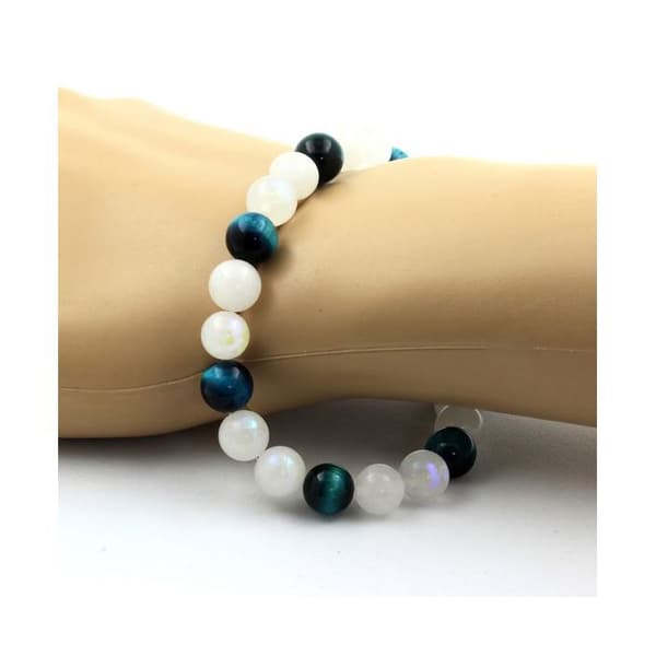 Armband - ABIJOUX - Månsten och Ljusblå Tigeröga - 8 mm - Längd 19-20 cm - Unisex