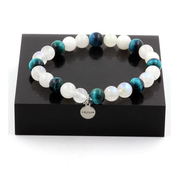 Armband - ABIJOUX - Månsten och Ljusblå Tigeröga - 8 mm - Längd 19-20 cm - Unisex