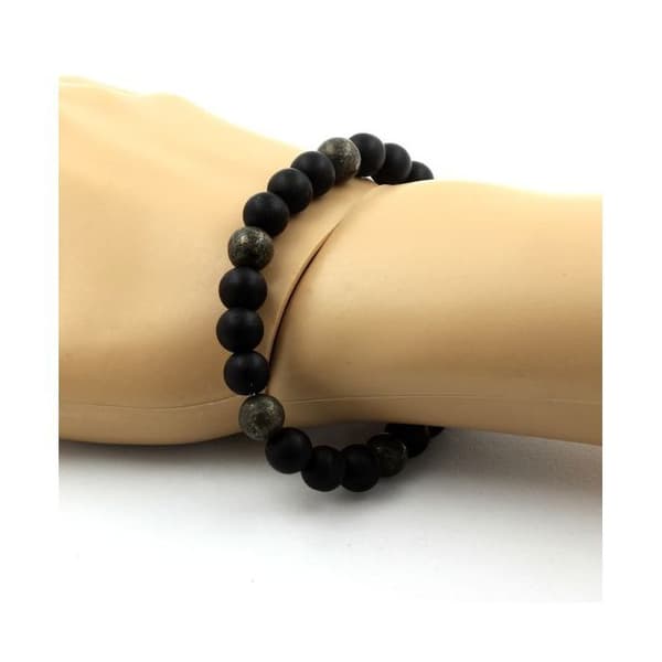 Armband - ABIJOUX - Mat svart onyx + Pyrit - 8 mm - Längd 19-20 cm - Tillverkad i Frankrike