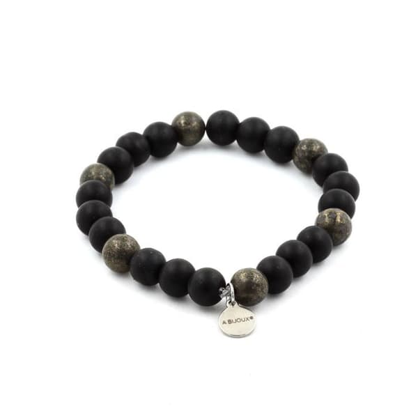 Armband - ABIJOUX - Mat svart onyx + Pyrit - 8 mm - Längd 19-20 cm - Tillverkad i Frankrike