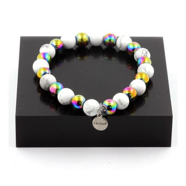 Stenar och mineraler. Howlite Beads Armband + Flerfärgad hematit 8 mm. Tillverkad i Frankrike.