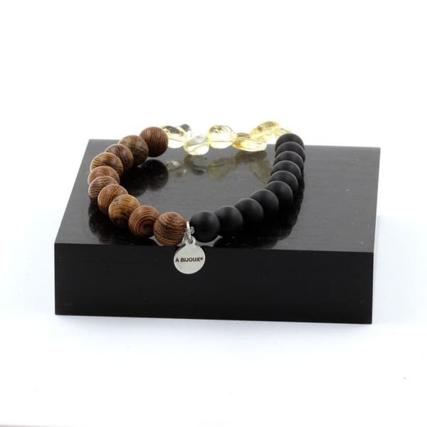 Brasilianskt citrinarmband, mattsvarta onyxpärlor och 8 mm trä - ABIJOUX
