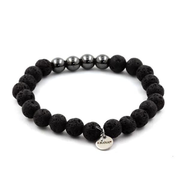 Stenar och mineraler. Lava + Hematite Beads Armband 8 mm. Tillverkad i Frankrike.