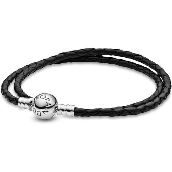 Armband - Pandora - Moments Dubbel - Flätat Läder Svart - Lås Silver 925 - 35 cm