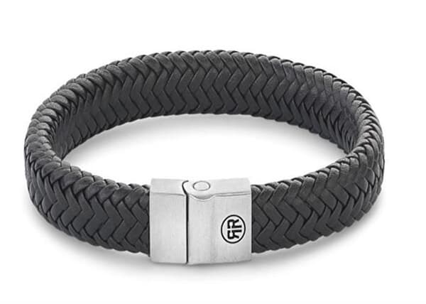 Svart läderarmband med matt brunt fiskbensmönster RR-M0019-S - Storlek: 16,5 cm - S