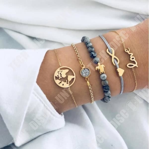 TD® Lot 5 delar Curb Smycken Armband - Världskarta Turtle Bead Kärlekspresent för kvinnor Flickor Modern Fantasy