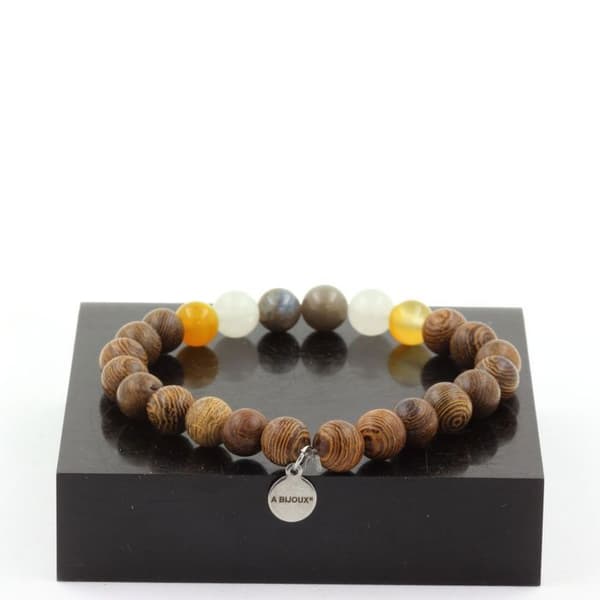 Mogok Saphirarmband, Myanmar + Gula Sardonyxpärlor + Månsten + 8 mm trä