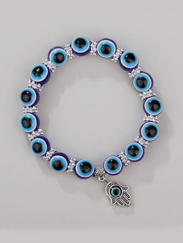 2st/set Evil Eye Detail Hand Charm Blå pärlarmband