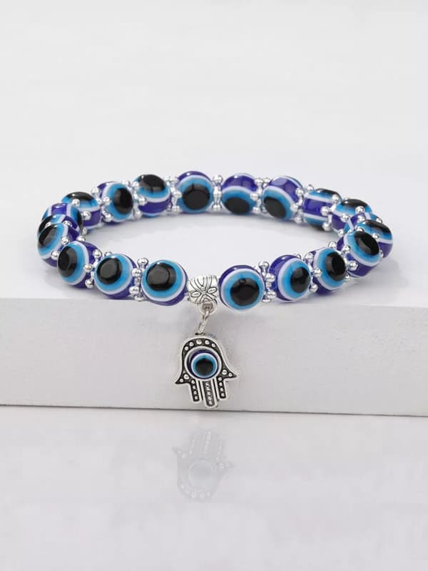 2st/set Evil Eye Detail Hand Charm Blå pärlarmband