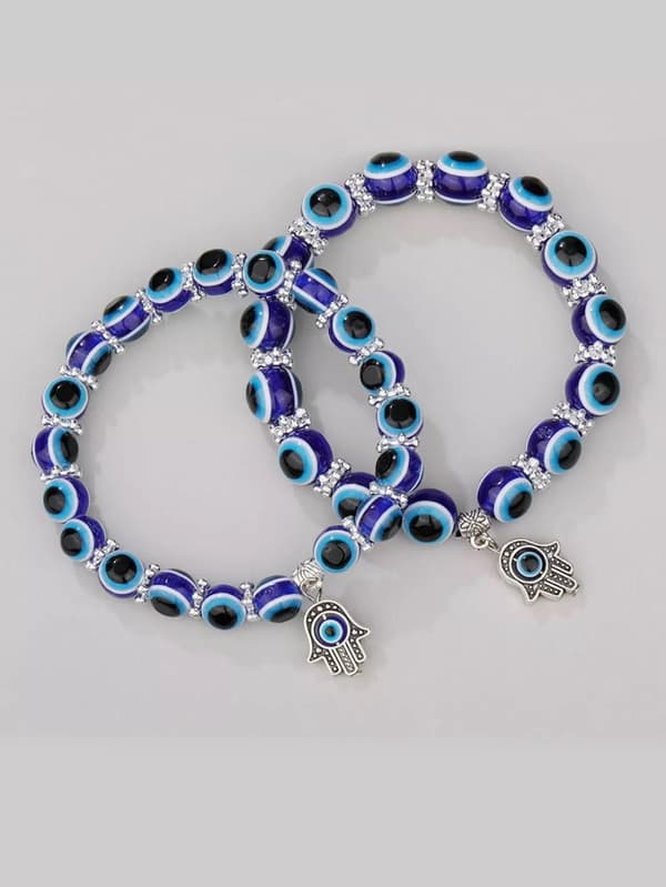 2st/set Evil Eye Detail Hand Charm Blå pärlarmband