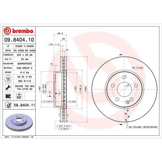 BREMBO Uppsättning av 2 UV-lackerade bromsskivor 09.8404.11