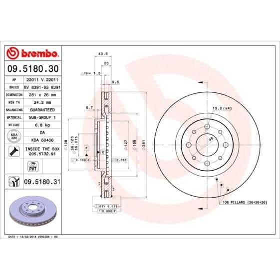 BREMBO Bremseskive 09.5180.30 - 2 stk
