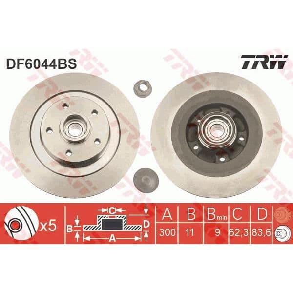 TRW enkelt bremseskive med leje DF6044BS