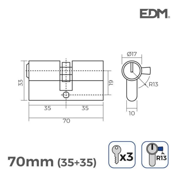 Nickeldörrcylinder 70mm (35+35mm) kort cam r13 med 3 nycklar ingår edm