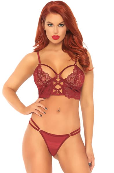 Lace Bralette With Sheer Thong Burgundy seksikkäät alusvaatteet S/M