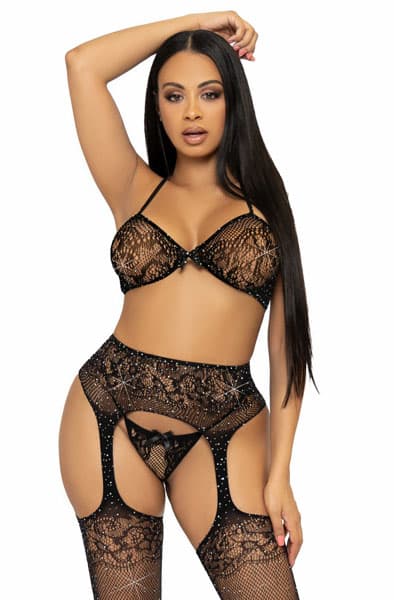 Leg Avenue Bra Top, String & Stockings Black Sexet undertøj