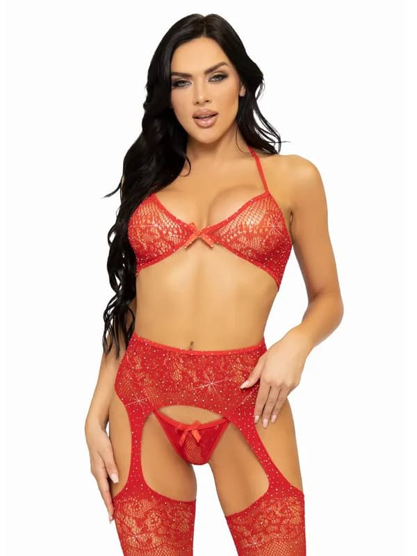 Lace Bra, String & Garter Belt Stockings Red Undertøysett Onesize