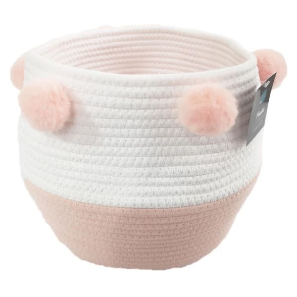 Korg - SUZY - Tvåfärgad Rosa/Vit - Bomull - 30x26 cm - Med Pomponger