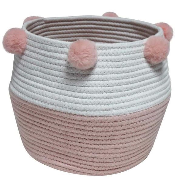 Korg - SUZY - Tvåfärgad Rosa/Vit - Bomull - 30x26 cm - Med Pomponger