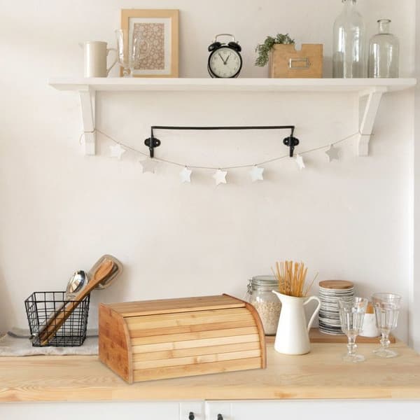 Relaxdays Brödbox i bambu, HxBxD: 16,5 x 40 x 27,5 cm, glidande lock för färskt bröd, brödlåda, natur