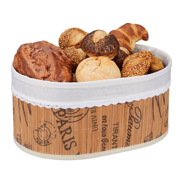 Relaxdays brödkorg, i bambu, med tyginsats, franskmotiv, bröd och croissanter, oval korg, natur-vit