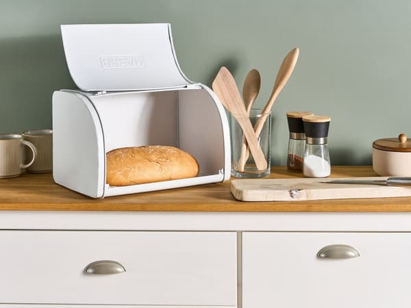 Brødkasse med Låg Hvid Metal Brødboks til Køkken Opbevaring Brød Holder Box Brødopbevaring