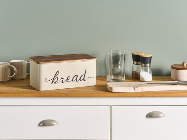 Brødkasse med Låg Beige Metal Brødboks til Køkken Opbevaring Brød Holder Box Brødopbevaring