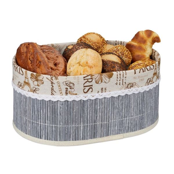 Relaxdays Brödkorg i bambu, oval, design Paris, avtagbart tygöverdrag, HxLxP: 16 x 34 x 24 cm, grå