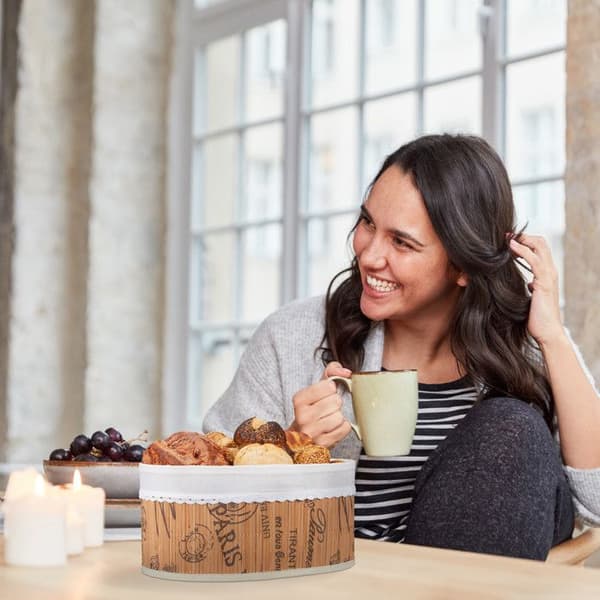 Relaxdays brödkorg, i bambu, med tyginsats, franskmotiv, bröd och croissanter, oval korg, natur-vit