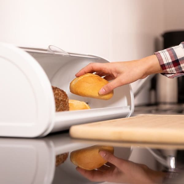 Relaxdays White Bread Box, förvaring av färskt bröd, bakverk, transparent skjutlock, stål, vit