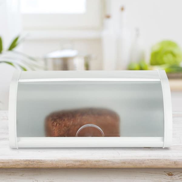 Relaxdays White Bread Box, förvaring av färskt bröd, bakverk, transparent skjutlock, stål, vit